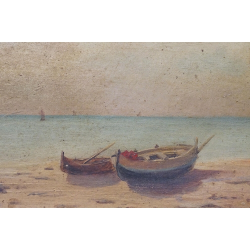 518 - Early 20th century English school, beach scene with boats, oil on canvas, initialled lower left L F ... 