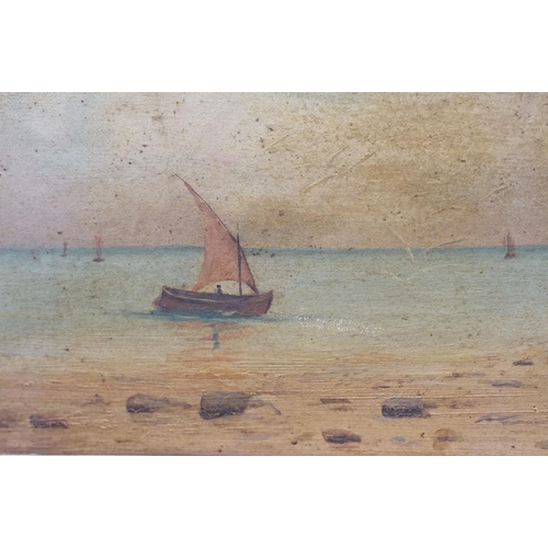 518 - Early 20th century English school, beach scene with boats, oil on canvas, initialled lower left L F ... 