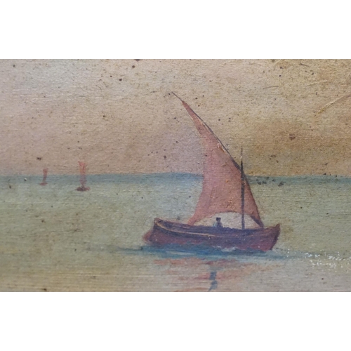 518 - Early 20th century English school, beach scene with boats, oil on canvas, initialled lower left L F ... 
