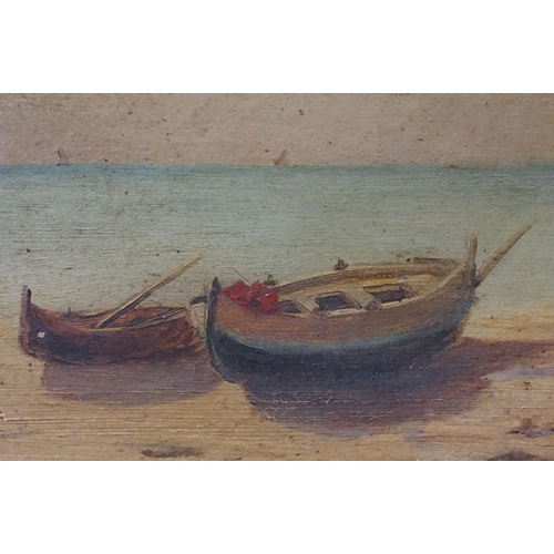 518 - Early 20th century English school, beach scene with boats, oil on canvas, initialled lower left L F ... 
