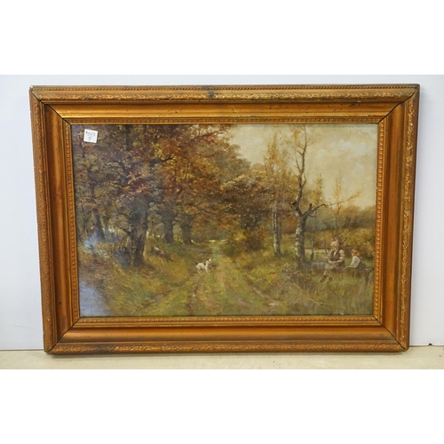 521 - Early 20th century English school, study of a woodland path scene with seated figures and a dog, oil... 