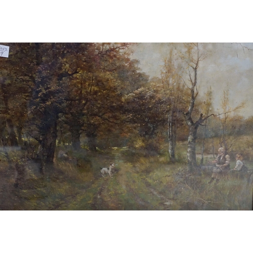 521 - Early 20th century English school, study of a woodland path scene with seated figures and a dog, oil... 