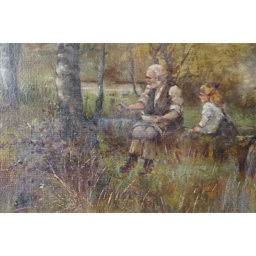 521 - Early 20th century English school, study of a woodland path scene with seated figures and a dog, oil... 