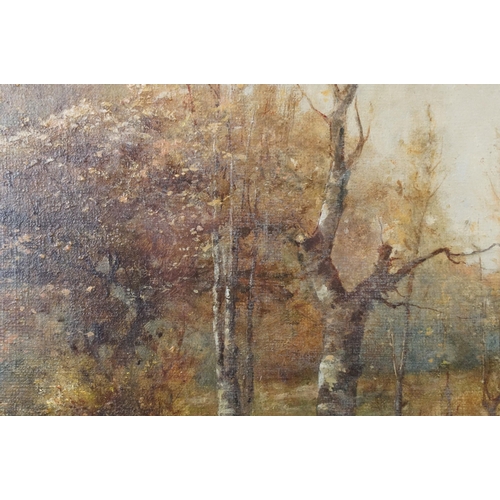 521 - Early 20th century English school, study of a woodland path scene with seated figures and a dog, oil... 