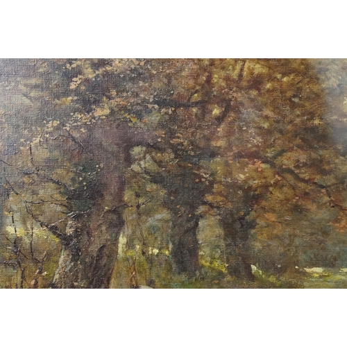 521 - Early 20th century English school, study of a woodland path scene with seated figures and a dog, oil... 