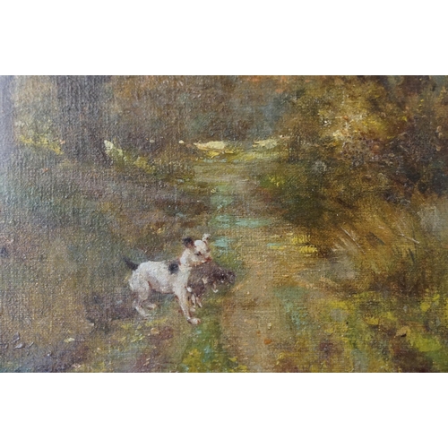 521 - Early 20th century English school, study of a woodland path scene with seated figures and a dog, oil... 