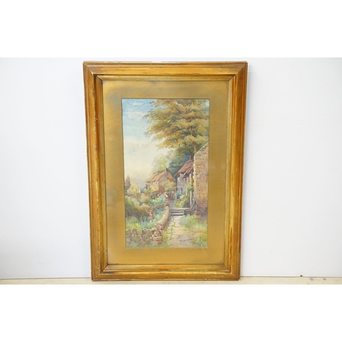 526 - P Campbell, rural cottage scene with lady picking apples, watercolour, signed lower right and dated ... 