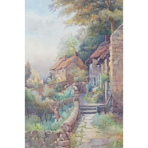 526 - P Campbell, rural cottage scene with lady picking apples, watercolour, signed lower right and dated ... 