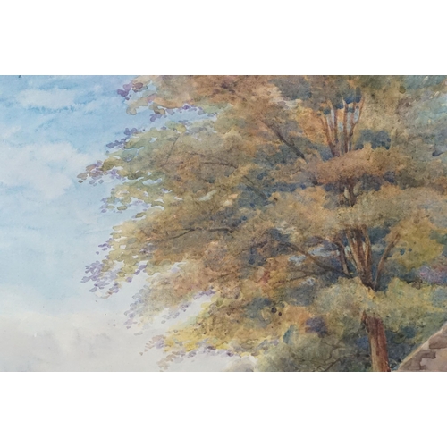 526 - P Campbell, rural cottage scene with lady picking apples, watercolour, signed lower right and dated ... 