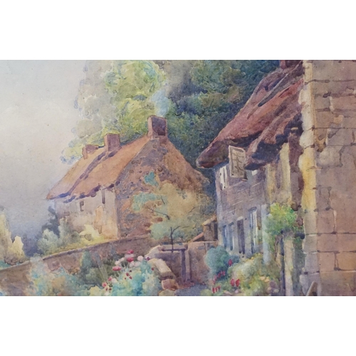 526 - P Campbell, rural cottage scene with lady picking apples, watercolour, signed lower right and dated ... 