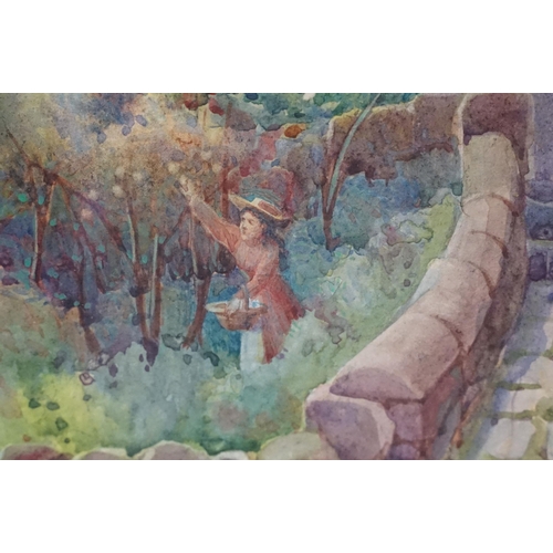 526 - P Campbell, rural cottage scene with lady picking apples, watercolour, signed lower right and dated ... 