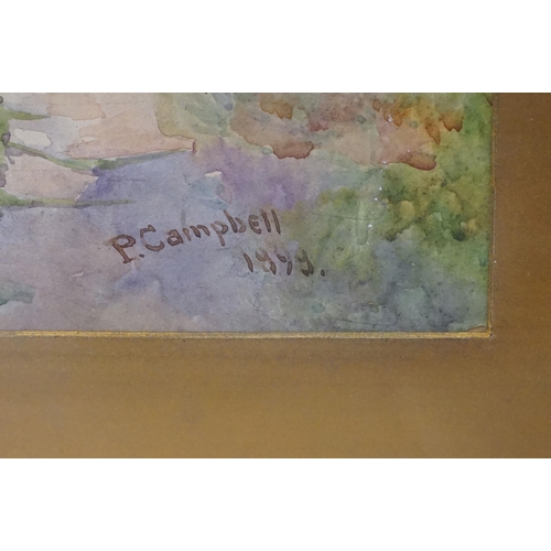 526 - P Campbell, rural cottage scene with lady picking apples, watercolour, signed lower right and dated ... 