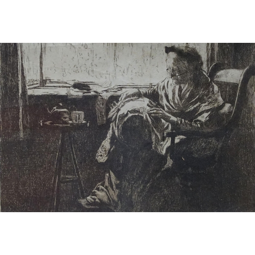 557 - Frederick George Cotman (British, 1850 - 1920), 'The Lacemaker', etching, inscribed with title and a... 