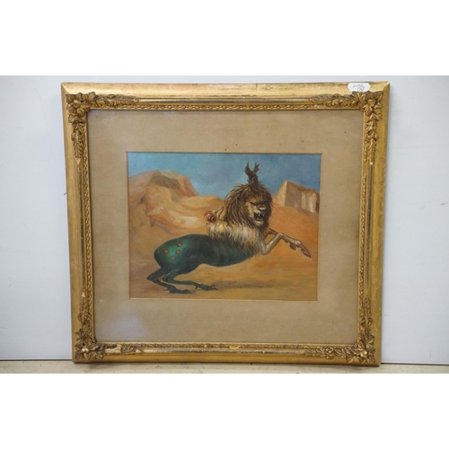 559 - Mystical animal figures in the form of a horse, lion and ram in a barren landscape, oil, 18 x 23cm, ... 