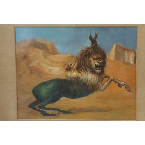 559 - Mystical animal figures in the form of a horse, lion and ram in a barren landscape, oil, 18 x 23cm, ... 