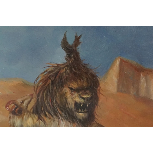 559 - Mystical animal figures in the form of a horse, lion and ram in a barren landscape, oil, 18 x 23cm, ... 