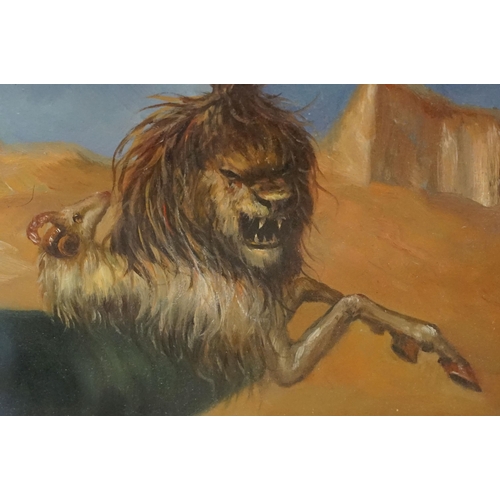 559 - Mystical animal figures in the form of a horse, lion and ram in a barren landscape, oil, 18 x 23cm, ... 