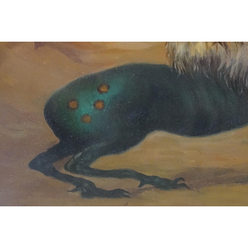 559 - Mystical animal figures in the form of a horse, lion and ram in a barren landscape, oil, 18 x 23cm, ... 