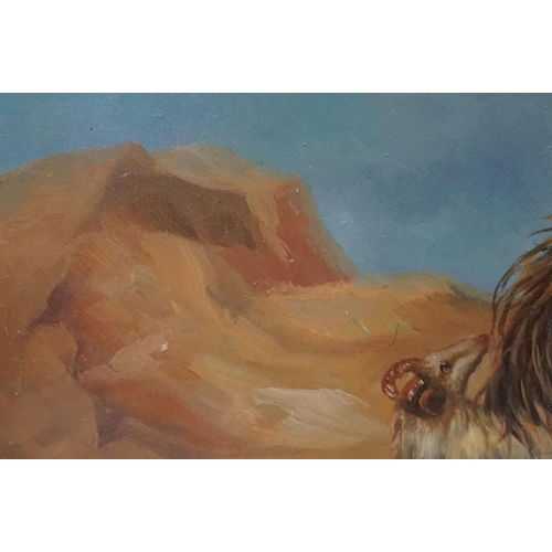 559 - Mystical animal figures in the form of a horse, lion and ram in a barren landscape, oil, 18 x 23cm, ... 