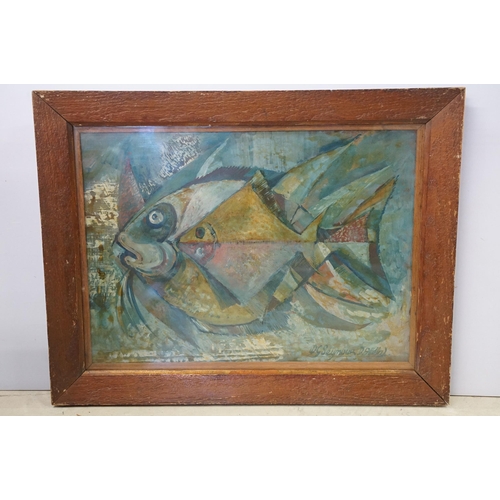 565 - D G Seymour (British, 20th century) abstract study of a fish, oil on board, signed lower right and f... 