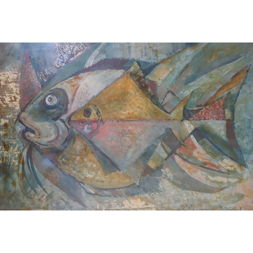 565 - D G Seymour (British, 20th century) abstract study of a fish, oil on board, signed lower right and f... 