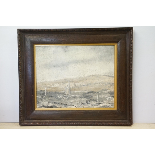 568 - 20th century landscape scene of Cornish tin mines and chimneys, oil on board, indistinctly signed lo... 