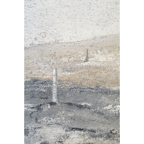 568 - 20th century landscape scene of Cornish tin mines and chimneys, oil on board, indistinctly signed lo... 
