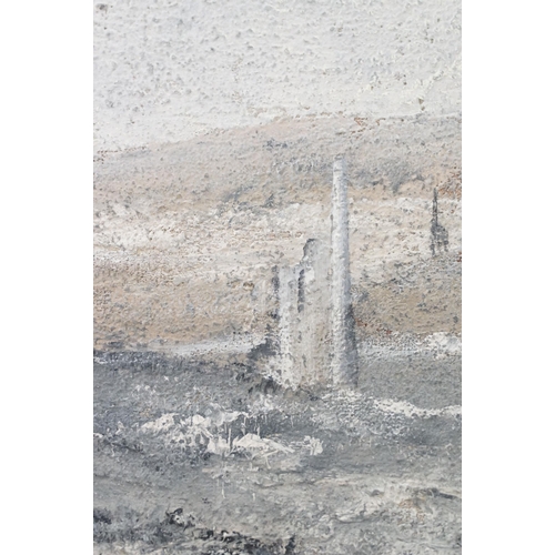 568 - 20th century landscape scene of Cornish tin mines and chimneys, oil on board, indistinctly signed lo... 
