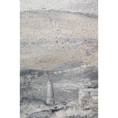568 - 20th century landscape scene of Cornish tin mines and chimneys, oil on board, indistinctly signed lo... 