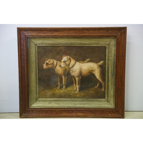 571 - Study of two terrier dogs, oil, 19 x 24cm, oak framed and glazed