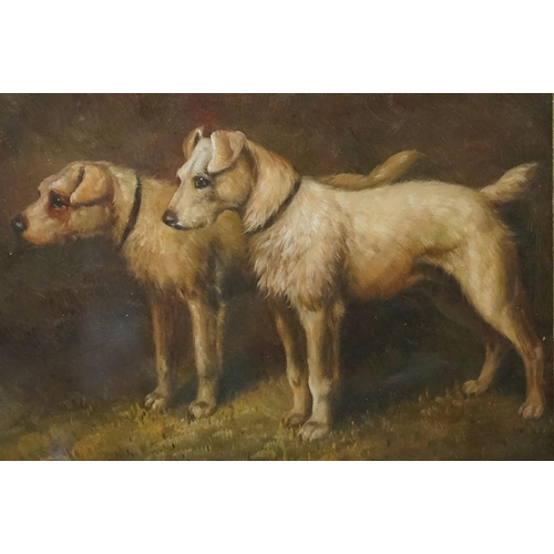 571 - Study of two terrier dogs, oil, 19 x 24cm, oak framed and glazed
