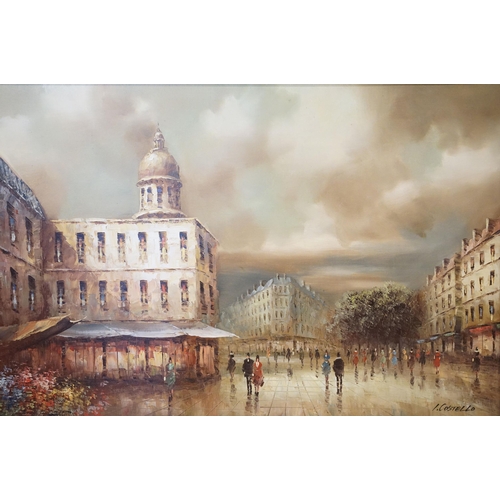 573 - I Costello, Continental street scene with figures - probably Paris, oil on canvas, signed lower righ... 