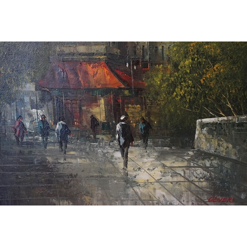573 - I Costello, Continental street scene with figures - probably Paris, oil on canvas, signed lower righ... 