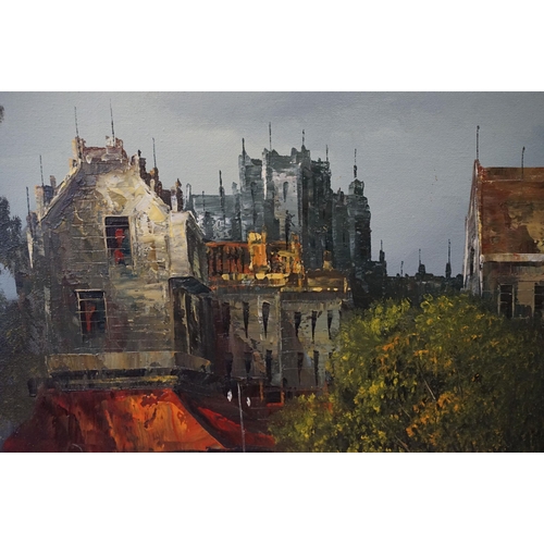 573 - I Costello, Continental street scene with figures - probably Paris, oil on canvas, signed lower righ... 