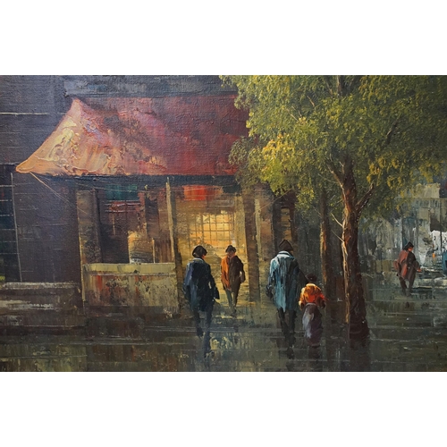 573 - I Costello, Continental street scene with figures - probably Paris, oil on canvas, signed lower righ... 