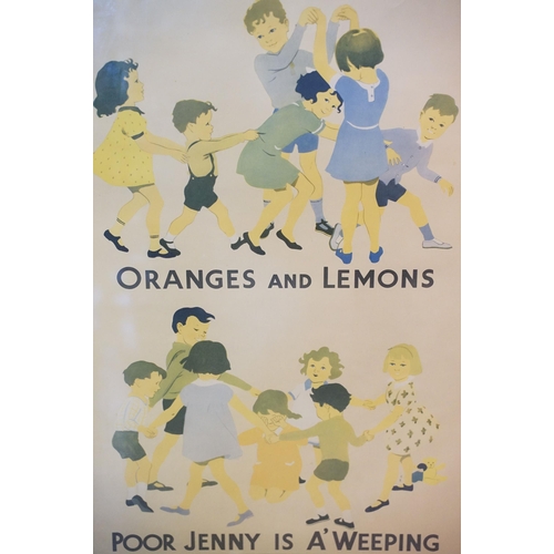 576 - Nursery rhyme scene, 'Oranges and Lemons, Poor Jenny is A'Weeping', 74 x 49cm and L'Ancien Monde et ... 