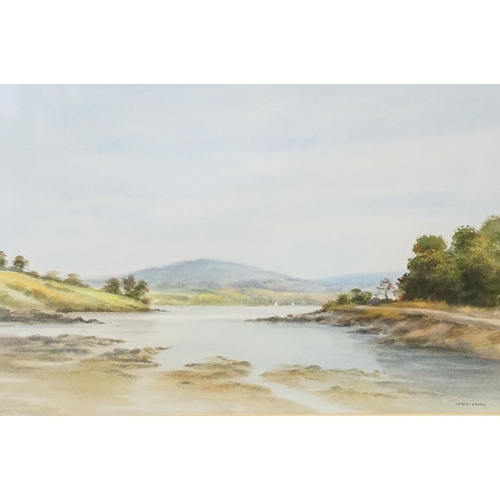 579 - Derek Eastoe (British, b. 1925), sailboats on a tranquil lake scene with holls beyond, watercolour, ... 