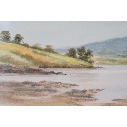 579 - Derek Eastoe (British, b. 1925), sailboats on a tranquil lake scene with holls beyond, watercolour, ... 