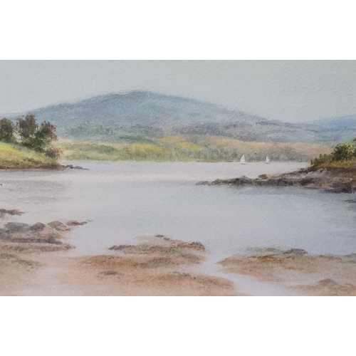 579 - Derek Eastoe (British, b. 1925), sailboats on a tranquil lake scene with holls beyond, watercolour, ... 