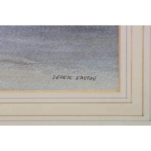 579 - Derek Eastoe (British, b. 1925), sailboats on a tranquil lake scene with holls beyond, watercolour, ... 