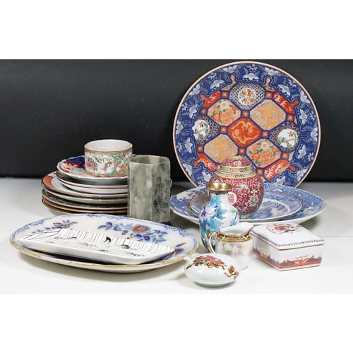 116 - Collection of mixed Chinese and oriental ceramic and other items to include cloisonne vase, carved s... 