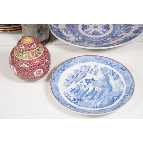 116 - Collection of mixed Chinese and oriental ceramic and other items to include cloisonne vase, carved s... 