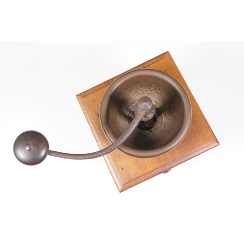 143 - Early 20th century French ‘ Peugeot Freres ‘ coffee grinder with metal mechanism and wooden base wit... 