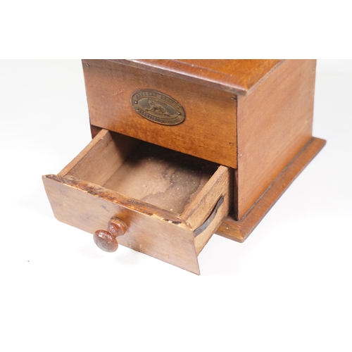 143 - Early 20th century French ‘ Peugeot Freres ‘ coffee grinder with metal mechanism and wooden base wit... 