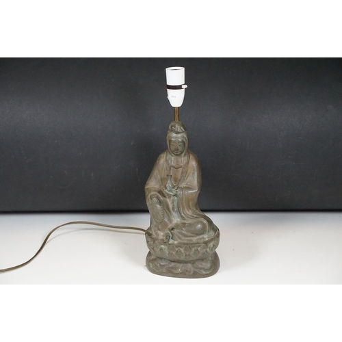 145 - Bronze Chinese seated buddha figure lamp base, possibly of Guanyin
