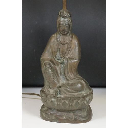 145 - Bronze Chinese seated buddha figure lamp base, possibly of Guanyin