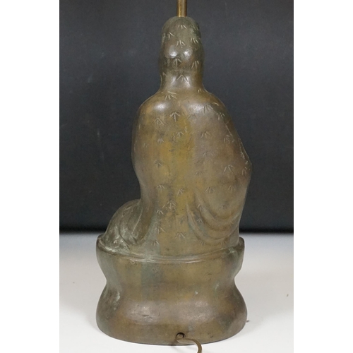 145 - Bronze Chinese seated buddha figure lamp base, possibly of Guanyin