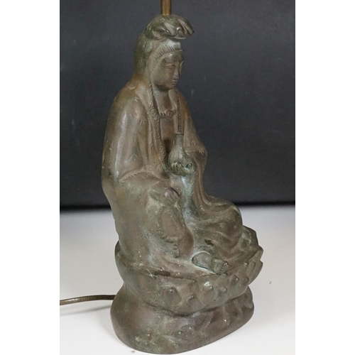 145 - Bronze Chinese seated buddha figure lamp base, possibly of Guanyin