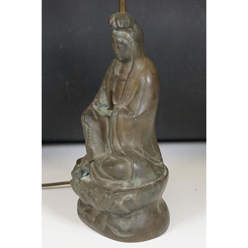 145 - Bronze Chinese seated buddha figure lamp base, possibly of Guanyin