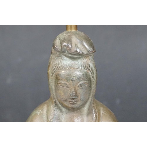 145 - Bronze Chinese seated buddha figure lamp base, possibly of Guanyin